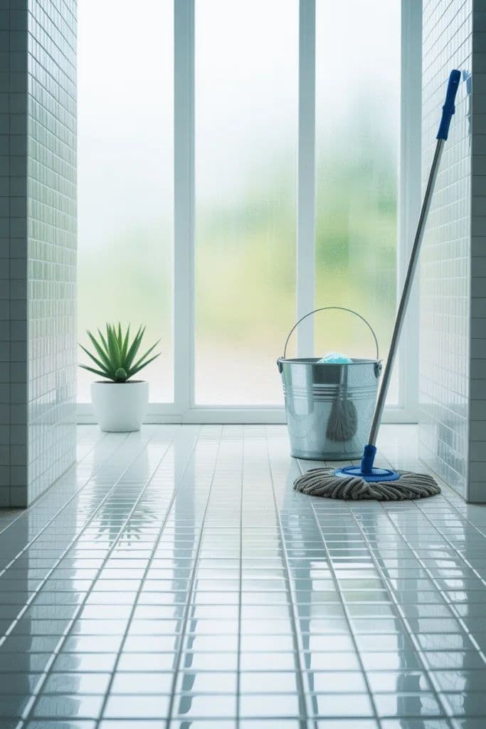 Freshly cleaned kitchen counter with spray bottle and towel